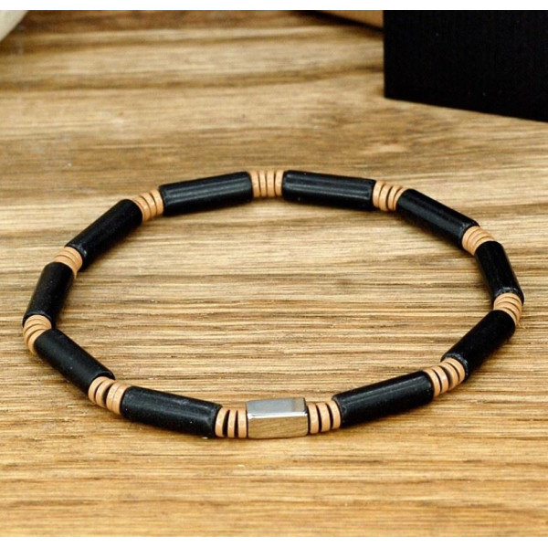 Bracelet homme pierres naturelles noire et marron et perle acier Influences.