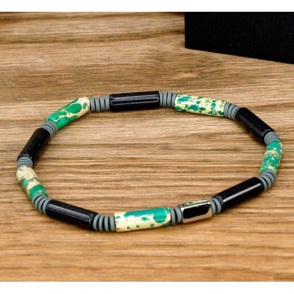 Bracelet homme pierres naturelles vertes et perle acier Influences.