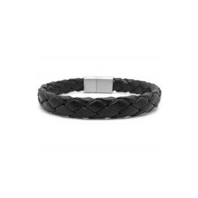 Bracelet homme cuir noir tresse plate LOOP & CO