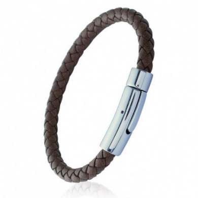 Bracelet en cuir véritable tresse marron foncé ronde, fermoir acier inoxydable, Influences