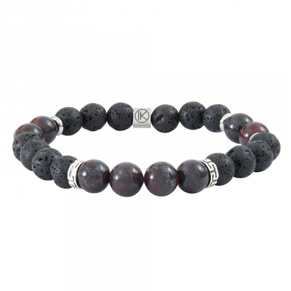 Bracelet acier inoxydable pierres véritables naturelles noires et rouge bordeau IKOBA