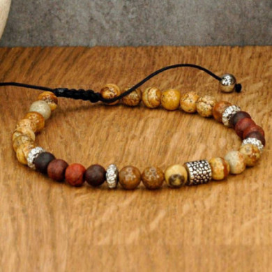 Bracelet homme pierres naturelles jaspe de paysage et perles acier Influences.
