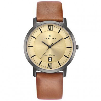 Montre ronde noire cadran champagne cuir gold