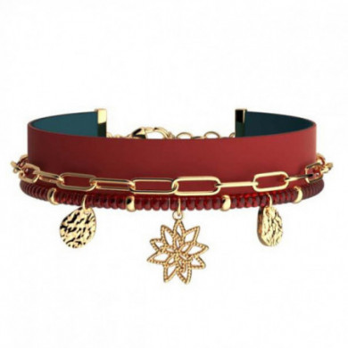 Bracelet or multi rangs LES CADETTES Nénuphar avec pendentif et perles rouges