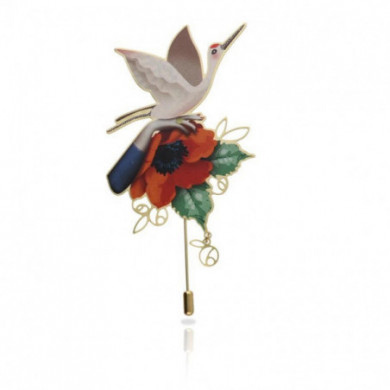 Broche fibule or oiseau coquelicot Héron blanc Arianne RAS® Bijoux