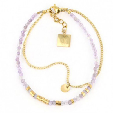 Bracelet femme Or en Acier Inoxydable mini perle violette Améthyste double rang "Apache" - ZAG Bijoux
