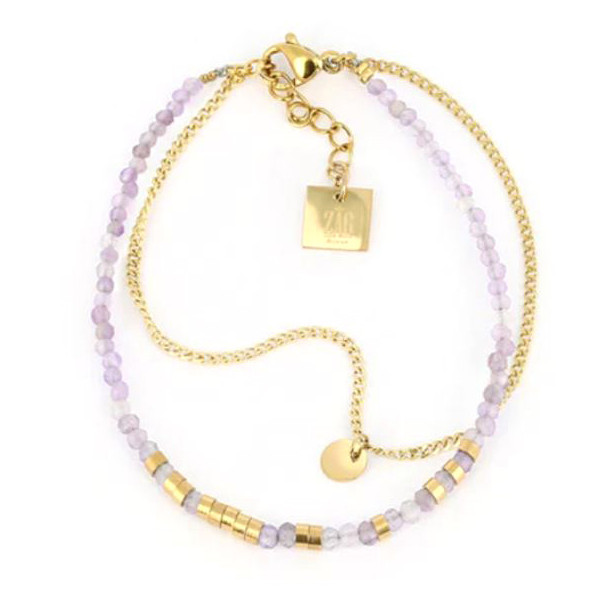 Bracelet femme Or en Acier Inoxydable mini perle violette Améthyste double rang "Apache" - ZAG Bijoux