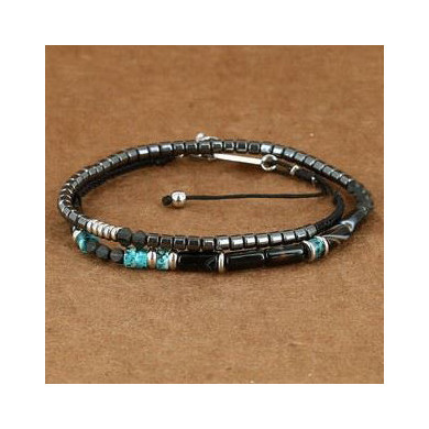 Bracelet en acier inoxydable multi-tours pierres noires et turquoises ZAG