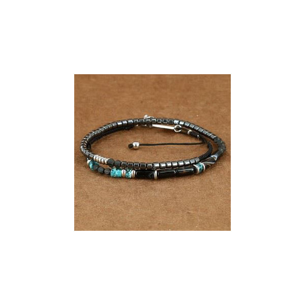 Bracelet en acier inoxydable multi-tours pierres noires et turquoises ZAG