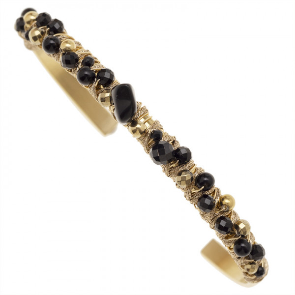 Bracelet ZAG rigide plat doré et perles noires