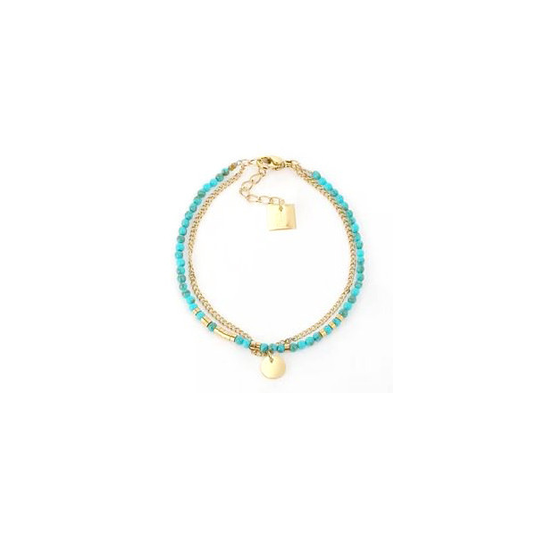 Bracelet femme Or en Acier Inoxydable mini perle bleue Turquoise double rang "Apache" - ZAG Bijoux