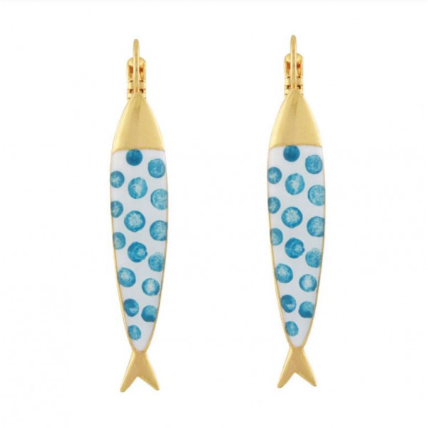Boucles d’oreilles femme or Sardine pois bleu sur fond blanc TARATATA Bijoux