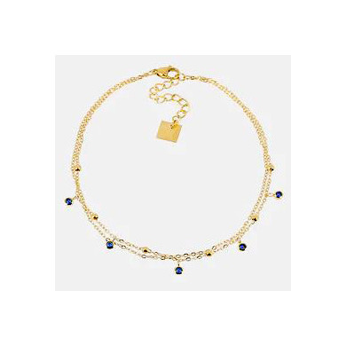 Chaine de cheville or multirangs ornée d'oxydes de zirconium bleues, acier doré, ZAG bijoux, Virtuose