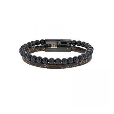 Bracelet homme acier agate noire double rang  ONE MAN SHOW