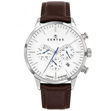 Montre CERTUS acier chrono bracelet cuir marron