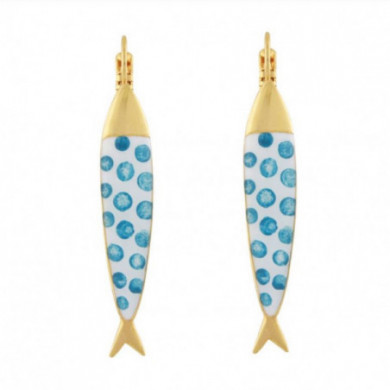 Boucles d’oreilles femme or Sardine pois bleu sur fond blanc TARATATA Bijoux