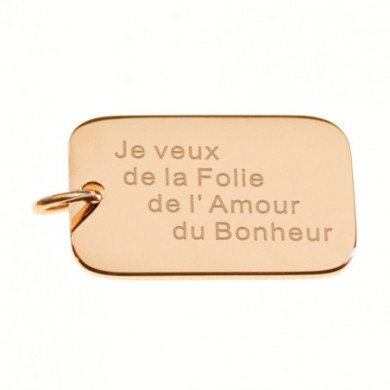 Pendentif ZAG rosé plaque gravée "Je veux de la Folie de l'Amour du bonheur"