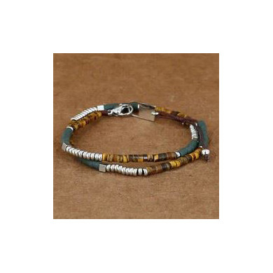 Bracelet Homme acier inoxydable oeil de tigre multi-tours pierres vertes ZAG