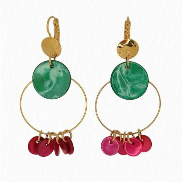 Boucles d’oreilles femme nacre verte et fuchsia Boucles d’oreilles femme nacre verte et fuchsia