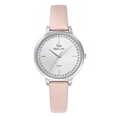 Montre femme argentée ronde bracelet cuir couleur rose poudré GO