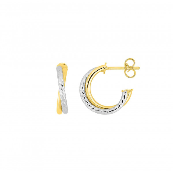 Boucles d'oreilles or 18 carats petites créoles bicolore torsade 14 mm
