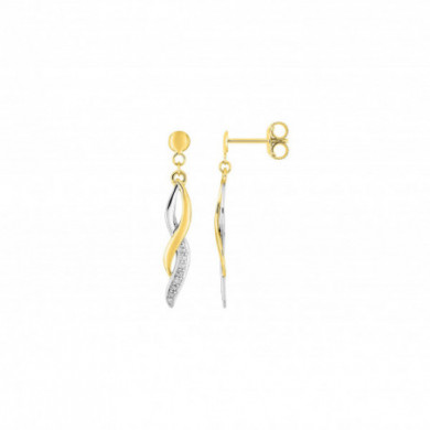 Boucles d'oreilles or 18 carats pendantes torsade bicolore diamants
