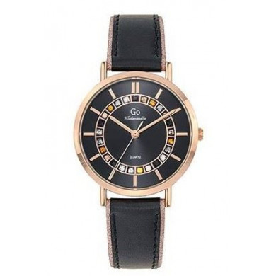 Montre femme quartz ronde métal rosé bracelet cuir Noir et pailleté GO