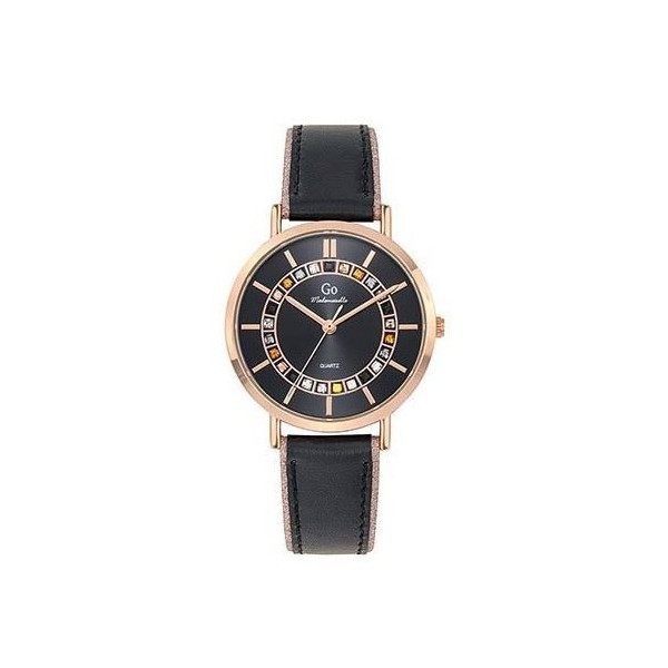 Montre femme quartz ronde métal rosé bracelet cuir Noir et pailleté GO