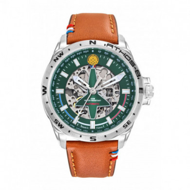 Montre homme automatique argenté Cadran Vert Cuir Marron Patrouille De France