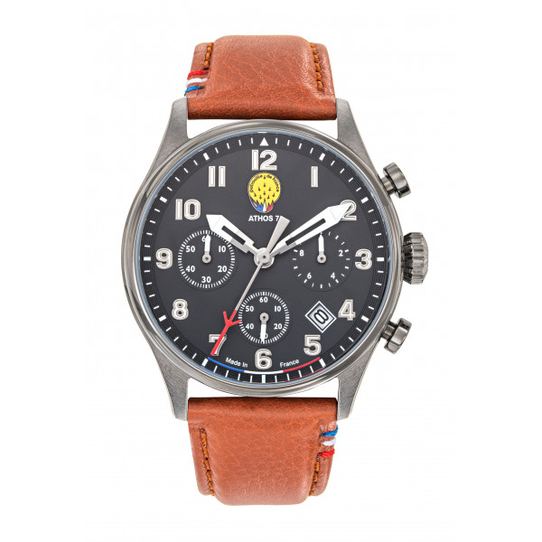 Montre homme quartz Cadran Noir Bracelet Marron Patrouille De France